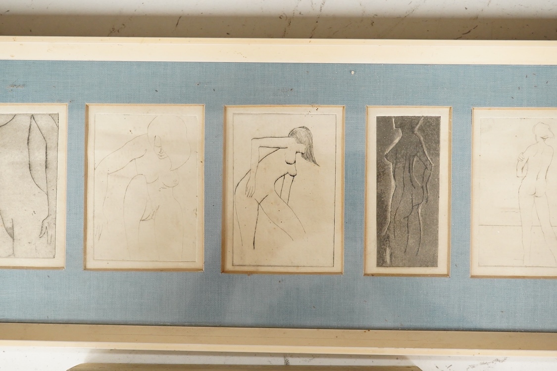 Bill Parrot, Set of seven etchings, Nude female studies, unsigned, framed as one, inscribed verso together with a small oil study of a locomotive, largest overall 16.5 x 56cm